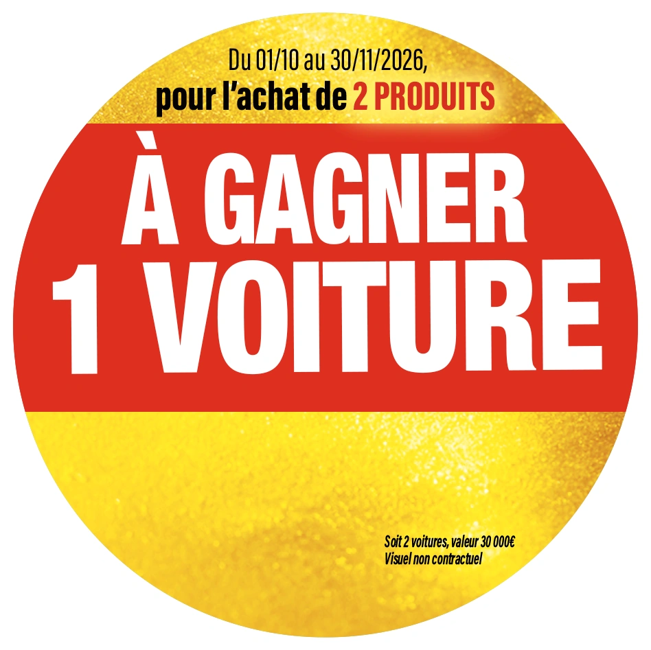 Du 01/10 au 30/11/2026, pour l'achat de 2 produits, à gagner 1 voiture par mois. Soit 2 voitures, valeur 30 000 €. Visuel non contractuel.